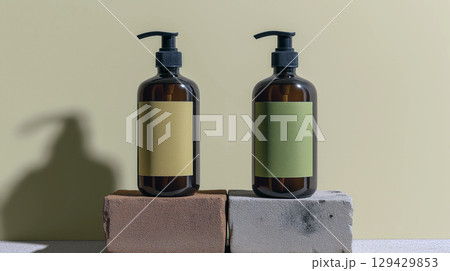 Two amber glass bottle, black pump dispenser, yellow label, green label. Stone, terracotta brick prop. Minimalist beige studio shot. Clean product composition with natural light, shadow Two amber glass bottle, black pump dispenser, yellow label, green label. Stone, terracotta brick prop. Minimalist beige studio shot. Clean product composition with natural light, shadow 129429853