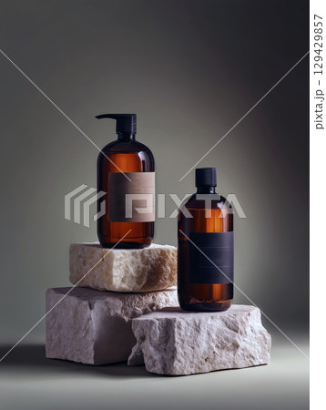 Amber glass bottles with black labels rest rough stone blocks, forming an elegant minimalist display. Product styling highlights natural purity, creating feeling of serene beauty captured studio 129429857