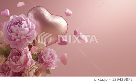 Elegant romantic bouquet of lush pink peonies arranged with shiny heart shaped balloon against soft gradient pink background, conveying affection and gentle celebration Elegant romantic bouquet of lush pink peonies arranged with shiny heart shaped balloon against soft gradient pink background, conveying affection and gentle celebration 129429875