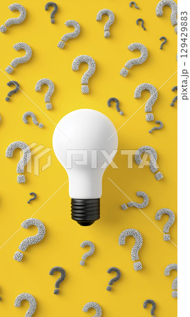 White light bulb symbolising an idea or solution stands among many gray question marks on yellow background. Represents clarity and insight emerging from confusion, evoking feeling of inspiration White light bulb symbolising an idea or solution stands among many gray question marks on yellow background. Represents clarity and insight emerging from confusion, evoking feeling of inspiration 129429883