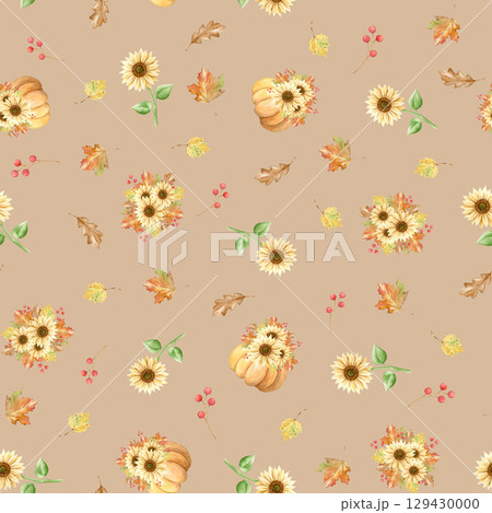Beautiful autumn pumpkins and sunflowers seamless pattern. Watercolor orange pumpkin, autumn composition, leaves and berries, hand drawn. Botanical Thanksgiving print 129430000
