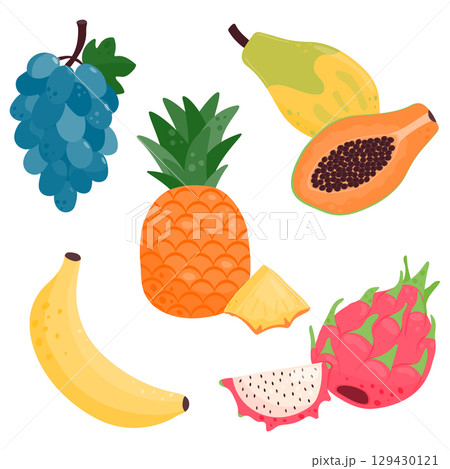 Set of ripe juicy fruits. Papaya, pitaya, banana, pineapple, grapes. Vector illustration is isolated on a white background. Set of ripe juicy fruits. Papaya, pitaya, banana, pineapple, grapes. Vector illustration is isolated on a white background. 129430121