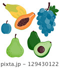 Set of ripe juicy fruits. Papaya, plum, avocado, pear, grape. Vector illustration is isolated on a white background. 129430122