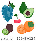 Set of ripe juicy fruits. Kiwi, avocado, persimmon, cherry, grapes. Vector illustration is isolated on a white background. 129430125