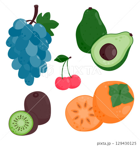 Set of ripe juicy fruits. Kiwi, avocado, persimmon, cherry, grapes. Vector illustration is isolated on a white background. 129430125