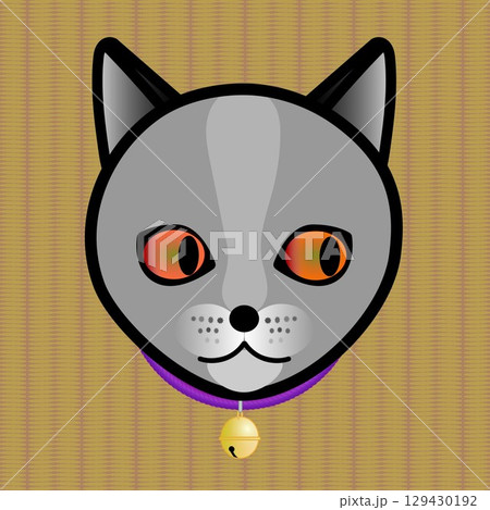 首に鈴をつけた猫の顔のイラスト 129430192