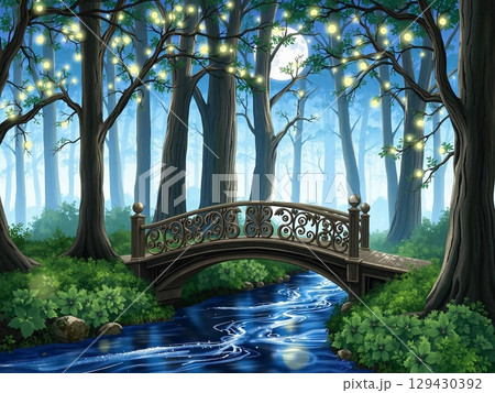 Enchanted Forest Bridge Under a Moonlit, Serene Sky 129430392