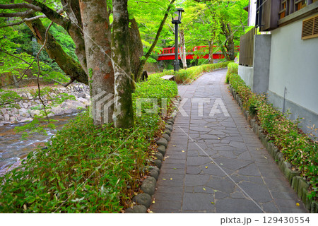 中部地方・伊豆修善寺温泉・虎渓橋(あこがれ橋)と桂橋(結ばれ橋)を結ぶ歩道・静岡県伊豆市修善寺(2) 129430554