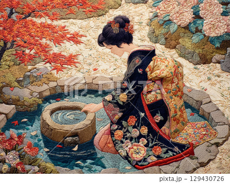 日本の伝統刺繍で描かれた四季の花々と美女の芸術作品 129430726