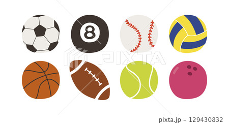 8種類の球技ボールが揃ったかわいいスポーツイラストセット 129430832