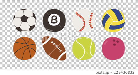 8種類の球技ボールが揃ったかわいいスポーツイラストセット 129430832