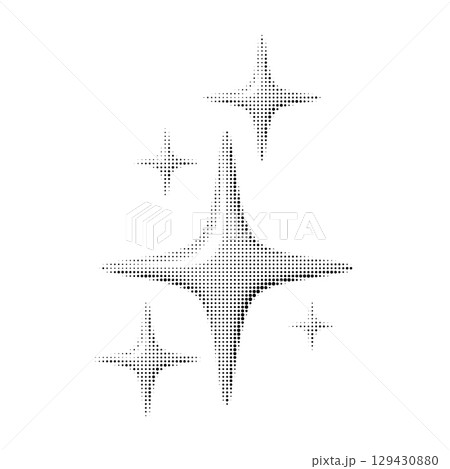 Vector halftone star illustration with glowing sparkles on white background. Retro dotted style perfect for decoration, print, and festive design. Isolated black and white graphic. 129430880