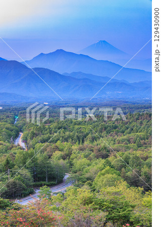 早朝の静寂に包まれた富士山と森の風景 129430900