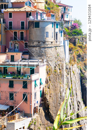 Multicolored houses on cliff edge. Manarola Italian village Cinque Terre, Liguria, Italy Summer Multicolored houses on cliff edge. Manarola Italian village Cinque Terre, Liguria, Italy Summer 129431084