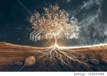 A magnificent tree with branches reaching to the sky, decorated with shining flowers. 129431096