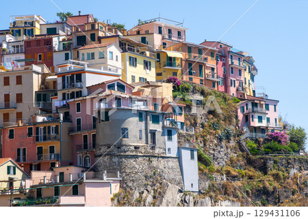 Multicolor houses building on cliff edge. Manarola Italian village Cinque Terre, Liguria, Italy. Summer Multicolor houses building on cliff edge. Manarola Italian village Cinque Terre, Liguria, Italy. Summer 129431106