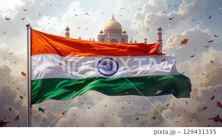 Indian Flag Waving Over Taj Mahal on a Sunny Afternoon. 129431335