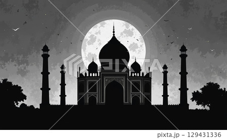 Silhouette of Iconic Structure Against Full Moon in Artistic Monochrome. 129431336