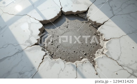 Cracked Marble Floor with Exposed Concrete and Significant Damage Visible. 129431420