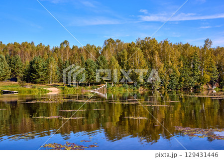 Tranquil River Reflections of Autumn Trees 129431446