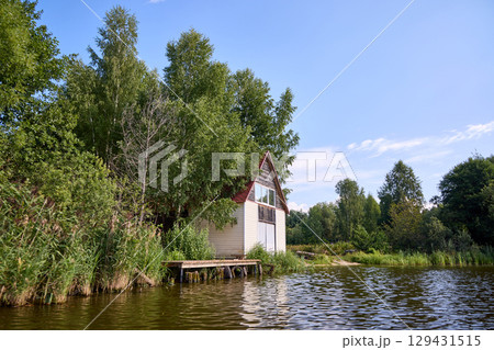 Serene Riverbank Scene with Lush Greenery 129431515
