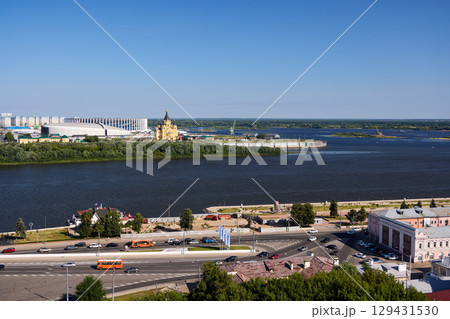 Sunrise Aerial View of Alexander Nevsky Cathedral and Stadium at Strelka in Nizhny Novgorod 129431530