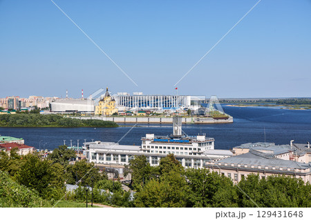 Morning Aerial View of Volga Shipping Company and Cathedra in Nizhny Novgorodl Morning Aerial View of Volga Shipping Company and Cathedra in Nizhny Novgorodl 129431648