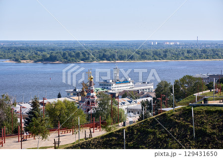 Morning Aerial View of Christmas Church and Volga Shipping Company in Nizhny Novgorod Morning Aerial View of Christmas Church and Volga Shipping Company in Nizhny Novgorod 129431650