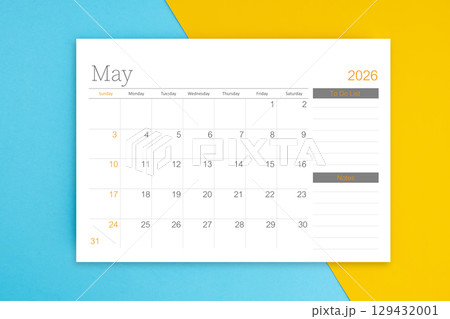 May 2026 calendar pagewith to do list on blue background. 129432001