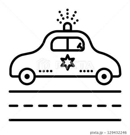 Police car black line vector icon, sign of road and patrol vehicle with siren 129432246