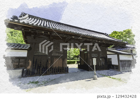 水彩画風　丸亀城　玄関先御門　香川県丸亀市 129432428