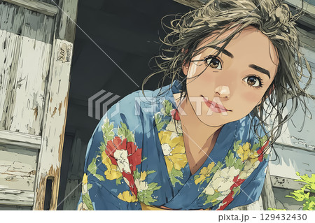 浴衣を着た若い女性のファッションポートレート 129432430