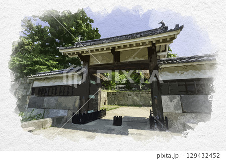 水彩画風　丸亀城　大手二の門　香川県丸亀市 129432452