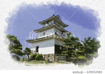 水彩画風　丸亀城　天守　香川県丸亀市 129432463