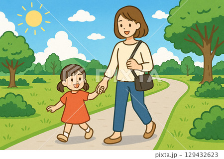親子の公園散歩 フラットイラストのイラスト素材 [129432623] - PIXTA