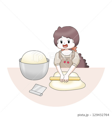 パン生地を伸ばす女の子 白背景 パン生地を伸ばす女の子 白背景 129432764