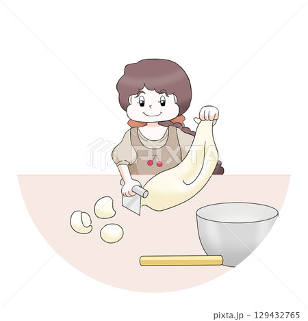 パン生地を分ける女の子 白背景 パン生地を分ける女の子 白背景 129432765