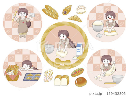 パン作りをする女の子のイラストセット 129432803