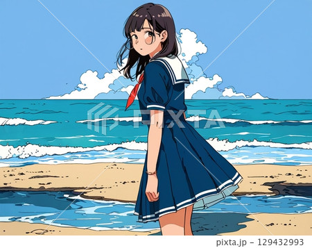 海を歩く女性 129432993