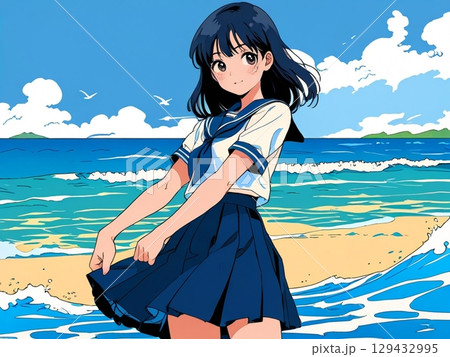 海を歩く女性 129432995