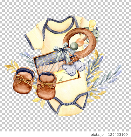 Baby bodysuit with pacifier, wooden teether, booties and leafy branches watercolor illustration Baby bodysuit with pacifier, wooden teether, booties and leafy branches watercolor illustration 129433109