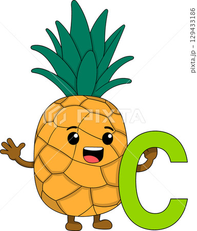 Cartoon Pineapple Character Holding Vitamin C Letter 129433186