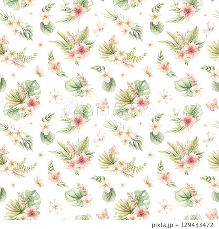 Tropical Hibiscus Plumeria Heliconia Flowers Exotic green plants Watercolor hand painted summer seamless pattern on white background for cute nursery wall kids baby cloth textile fabric wrapping paper 129433472