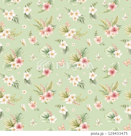 Tropical Hibiscus Plumeria Heliconia Flowers Exotic green plants Watercolor hand painted summer seamless pattern on sage background for cute nursery wall kids baby cloth textile fabric wrapping paper Tropical Hibiscus Plumeria Heliconia Flowers Exotic green plants Watercolor hand painted summer seamless pattern on sage background for cute nursery wall kids baby cloth textile fabric wrapping paper 129433475