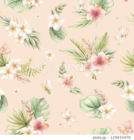 Tropical Hibiscus Plumeria Heliconia Flowers Exotic green plants Watercolor hand painted summer seamless pattern on pink background for cute nursery wall kids baby cloth textile fabric wrapping paper Tropical Hibiscus Plumeria Heliconia Flowers Exotic green plants Watercolor hand painted summer seamless pattern on pink background for cute nursery wall kids baby cloth textile fabric wrapping paper 129433476