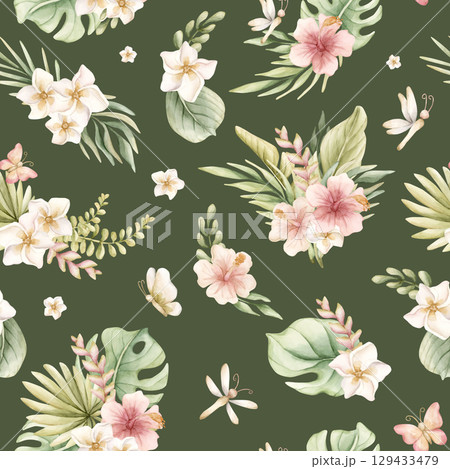 Tropical Hibiscus Plumeria Heliconia Flowers Exotic plants Watercolor hand painted summer seamless pattern on dark green background for cute nursery wall kids baby cloth textile fabric wrapping paper Tropical Hibiscus Plumeria Heliconia Flowers Exotic plants Watercolor hand painted summer seamless pattern on dark green background for cute nursery wall kids baby cloth textile fabric wrapping paper 129433479