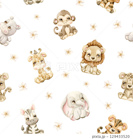 Cute Tropical Safari Jungle Animals and Flowers Watercolor hand painted summer pastel neutral seamless pattern on white background for cute nursery kids baby cloth textile fabric wrapping paper Cute Tropical Safari Jungle Animals and Flowers Watercolor hand painted summer pastel neutral seamless pattern on white background for cute nursery kids baby cloth textile fabric wrapping paper 129433520