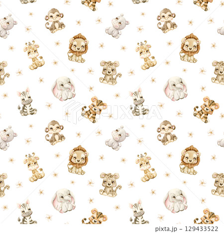Cute Tropical Safari Jungle Animals and Flowers Watercolor hand painted summer pastel neutral seamless pattern on white background for cute nursery kids baby cloth textile fabric wrapping paper Cute Tropical Safari Jungle Animals and Flowers Watercolor hand painted summer pastel neutral seamless pattern on white background for cute nursery kids baby cloth textile fabric wrapping paper 129433522