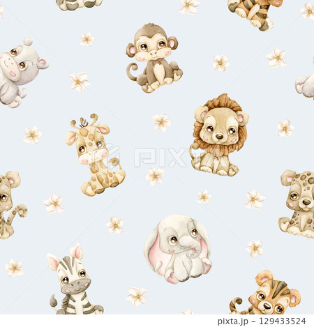 Cute Tropical Safari Jungle Animals and Flowers Watercolor hand painted summer pastel neutral seamless pattern on blue background for cute nursery kids baby cloth textile fabric wrapping paper 129433524