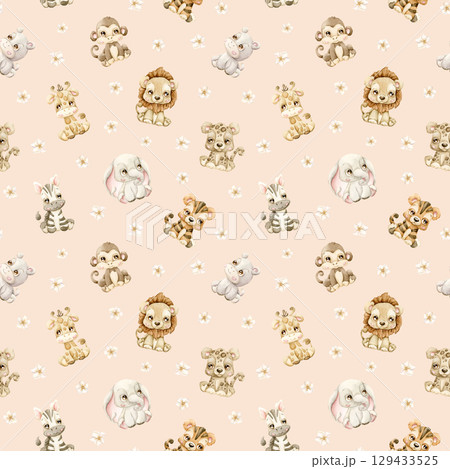 Cute Tropical Safari Jungle Animals and Flowers Watercolor hand painted summer pastel neutral seamless pattern on pink background for cute nursery kids baby cloth textile fabric wrapping paper 129433525